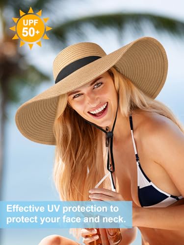 Floppy Sun Hats for Women, Summer Wide Brim Straw Beach Hat - color: Khaki, size: X-Large