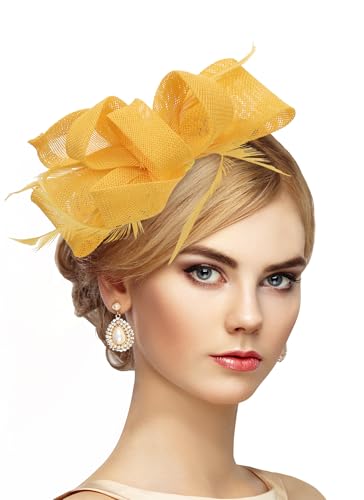 Zinniday Victoria Tea Party Hat - 2025 Bow Derby Attire Hats with Hairpin,1920s 50s Feather Fascinators for Women - color: Yellow