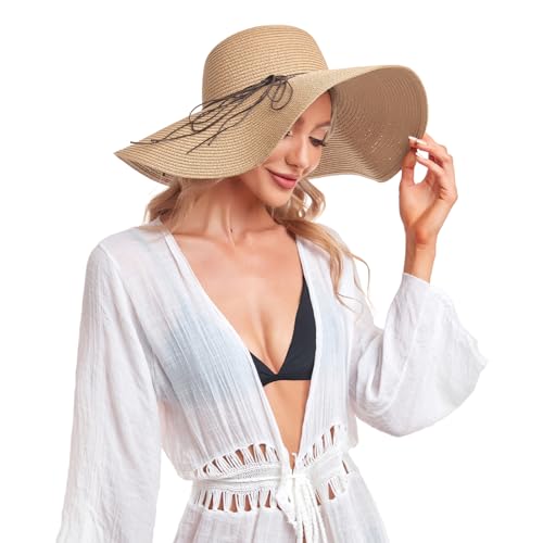 Beach Hats for Women, Straw Sun Hat Floppy Wide Brim, Foldable UPF 50+ UV Protection Summer Hat - color: Khaki