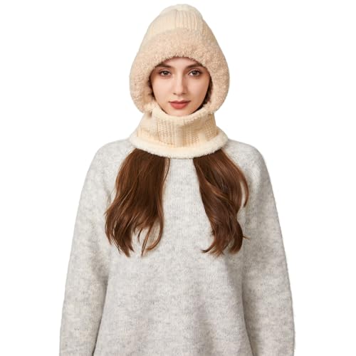 HUAMULAN Women Cable Knit Balaclavas Winter Fleece Lined Beanie Hat - color: Solid Beige