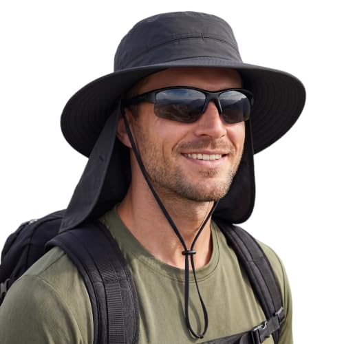 Connectyle Wide Brim Sun Hat for Men Women UPF 50+ Breathable Fishing Hat with Neck Flap Outdoor Hiking Safari Bucket Hats - color: Black