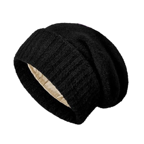 Satin Lined Slouchy Beanie Women-Winter Hats for Women Silk Lined Beanie for Winter Warm Cute Knit Hat - color: Black