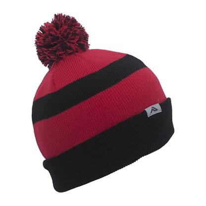 Pacific Headwear Unisex Adult Pacific Headwear Knit Fold Over Pom-pom Beanie - color: Black/Red/Black, size: One Size