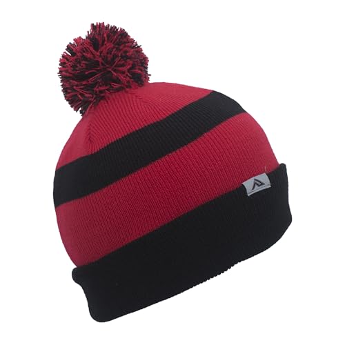 Pacific Headwear Unisex Adult Pacific Headwear Knit Fold Over Pom-pom Beanie - color: Black/Red/Black, size: One Size
