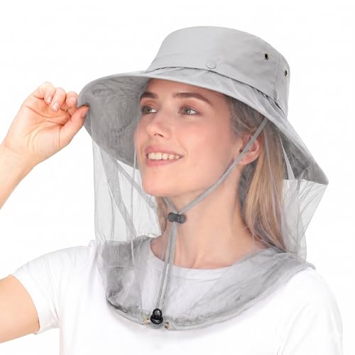 Wide Brim Bucket Sun Hat with Concealable Mosquito Mesh, Adjustable Chin Strap for Fishing, Gardening, Hiking & Camping - color: Light Gray