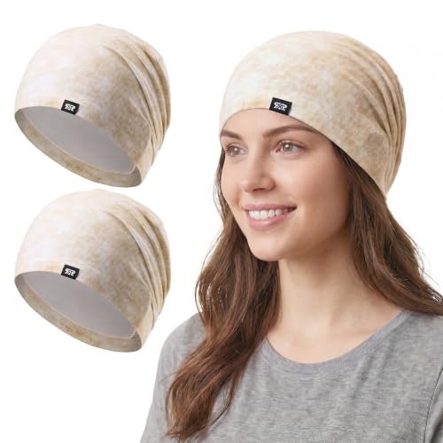 2Pcs Slouchy Beanie for Men Women Lightweight Breathable Hair Liner - color: Khaki + Khaki