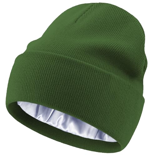 Satin Lined Knit Beanie Hat-100% Cotton Winter Hats for Women Men - color: 1-turquoise Green