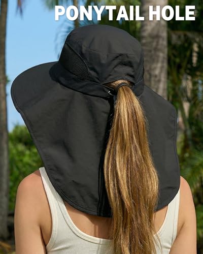 Women Sun Hats UV Protection Wide Brim with Bucket Ponytail Hole - color: Black