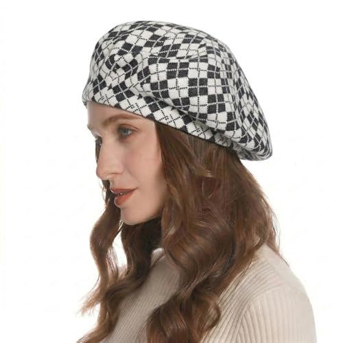 ZLYC Women French Beret Hat Reversible Knit Thickened Warm Artist Cap - color: Checkered White