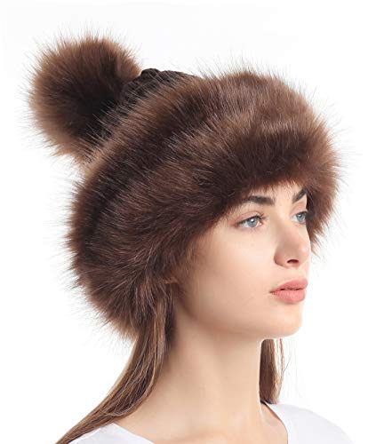 Soul Young Women's Faux Fur Hat Russian Cossack Knit Pompom Hat Ski Snow Cap for Winter Outdoor - color: Coffee