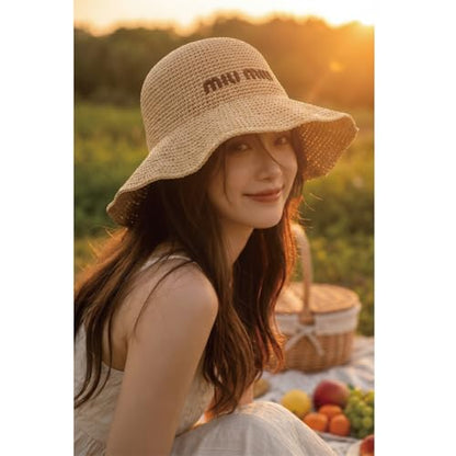 Women Straw Sun Hat Summer Beach Hats Foldable Floppy Cap Wide Brim Bucket Hat Solid Handmade Sun Protection Caps - color: Min-khaki