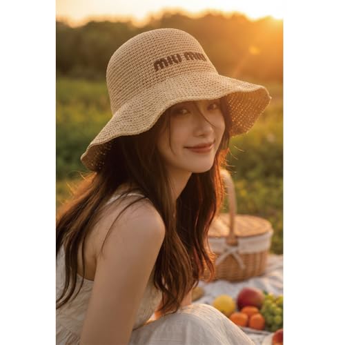 Women Straw Sun Hat Summer Beach Hats Foldable Floppy Cap Wide Brim Bucket Hat Solid Handmade Sun Protection Caps - color: Min-khaki