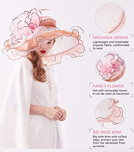 Women Derby Church Organza Flower Wedding Tea Party Fascinator Wide Brim Sun Hat - color: 01-pink