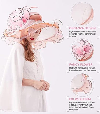 Women Derby Church Organza Flower Wedding Tea Party Fascinator Wide Brim Sun Hat - color: 01-pink