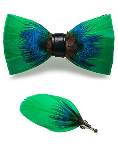 RBOCOTT Handmade Feather Pre-tied Bow tie and Brooch Sets for Men - color: Green