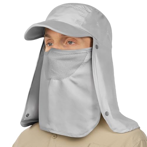 SUN CUBE Fishing Sun Hat with Neck Flap & Face Cover, Wide Brim UPF50+ Cap - color: Light Grey