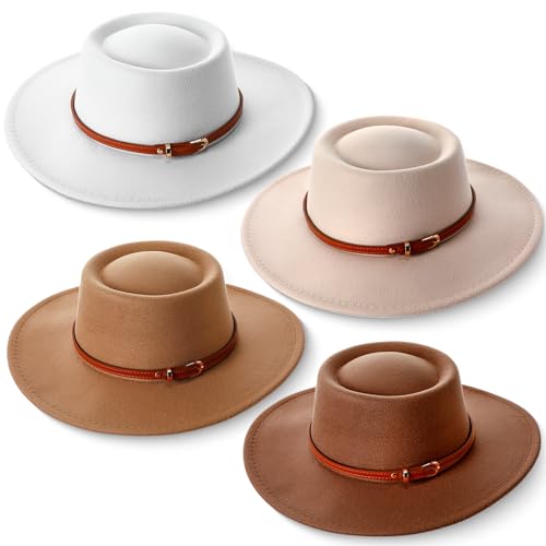 JaGely Hats Felt Hat for Women with Belt - color: Khaki, White, Brown, Beige With Brown Belt