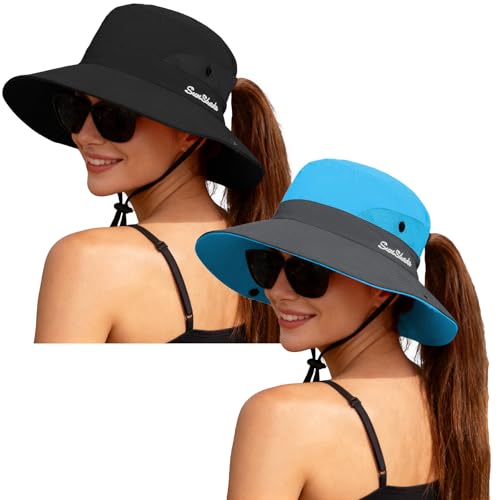 ZOORON Women's Ponytail Safari Sun Hat,Wide Brim UV Protection Bucket Hat - color: 2-black+blue