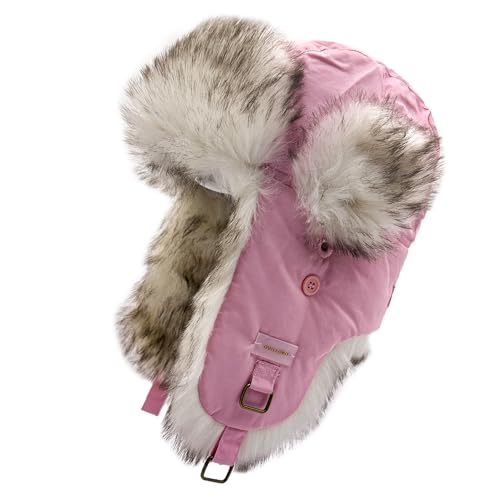 Winter Trapper Hat for Men and Women,Russian Ushanka Aviator Warm Cold Proof Ski Hunting Cycling Winter Hats - color: Pink Taslon Faux Fur, size: Small-Medium