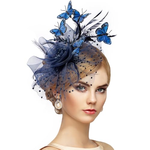 Zinniday Butterfly Derby Hat 2025 - Classic Tea Party Hats with Hair Clip, 1920s 50s Fascinators for Lady Woman - color: Navy Blue