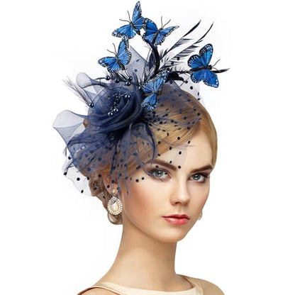 Zinniday Butterfly Derby Hat 2025 - Classic Tea Party Hats with Hair Clip, 1920s 50s Fascinators for Lady Woman - color: Navy Blue