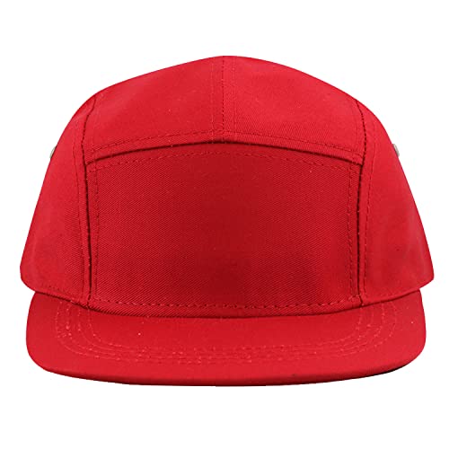 The Hat Depot Made in USA Cotton Twill 5 Panel Flat Brim Genuine Leather Brass Biker Board Cap - color: Red