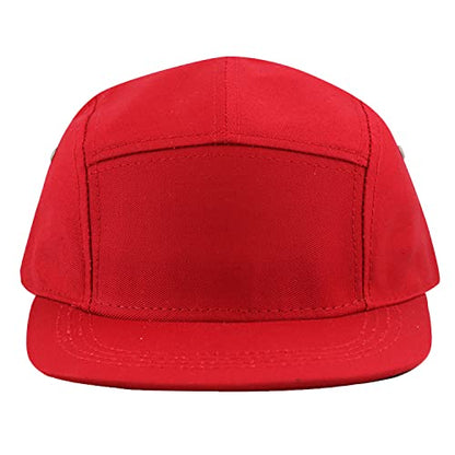The Hat Depot Made in USA Cotton Twill 5 Panel Flat Brim Genuine Leather Brass Biker Board Cap - color: Red