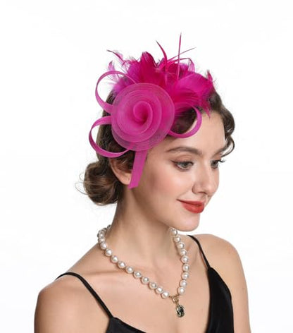 SAFERIN Women's Fascinators Feathers Tea Party Hat Veil Headband with Hair Clip for Cocktail Church - color: M-rose Red