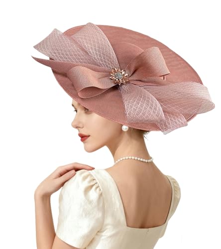 Kgromfy Women's Wide Brim Fascinator Hat Tea Party Headband Large Vintage Church Hat Lady Headwear for Derby Wedding Cocktail - color: Pink