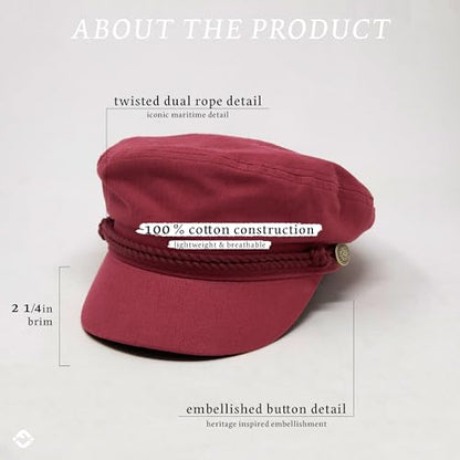 Funky Junque Greek Fisherman Newsboy Cap, Cotton Captains Bakerboy Hat - color: Burgundy