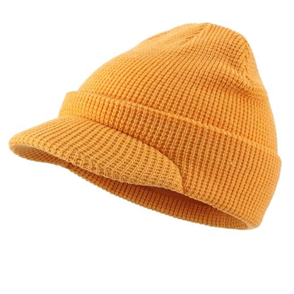 Home Prefer Mens Wool Blend Winter Hat Double-Layer Warm Knit Pre-Curve Visor Beanie Brimmed Beanies Hat for Men Women - color: Yellow