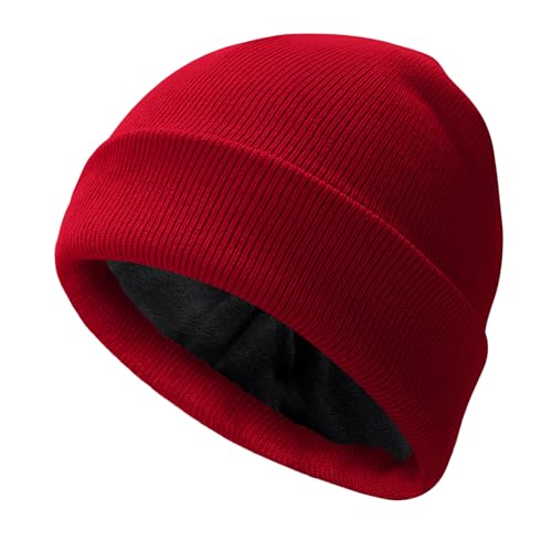PFFY Beanie for Men Women Unisex Knit Cuffed Winter Thick Lined Beanies Hat - color: Pure Red