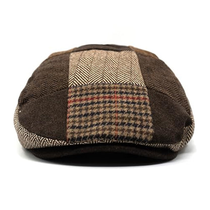 Men's Classic Patchwork Herringbone Checker Plaid Newsboy Ivy Hat Flat Cap - color: Brown, size: Large-X-Large