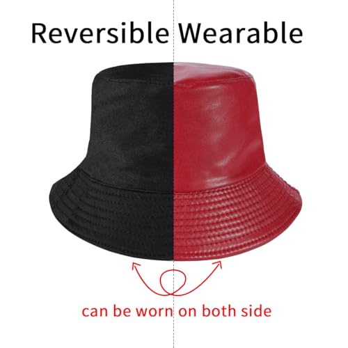 MILAKOO Pu Leather Bucket Hat for Unisex Reversible Fishing Cap Metallic Retro 80s 90s Fisherman Hat - color: D: Red