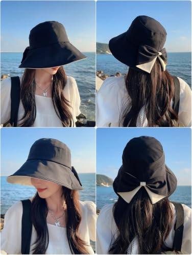 Women Bowknot Wide Brim UPF50+ Foldable Travel Beach Sun Hat - color: Black