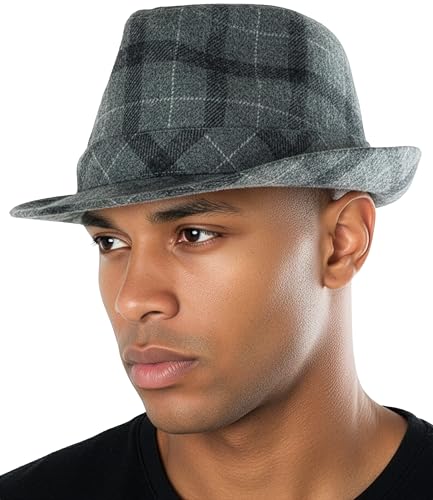 Funky Junque Fedora Hats for Men – Classic Wool Blend Trilby Dress Hat, Short Brim Men’s Fedoras for Formal & Casual Wear - color: Checkered Light Grey, size: 7 1/4-7 5/8