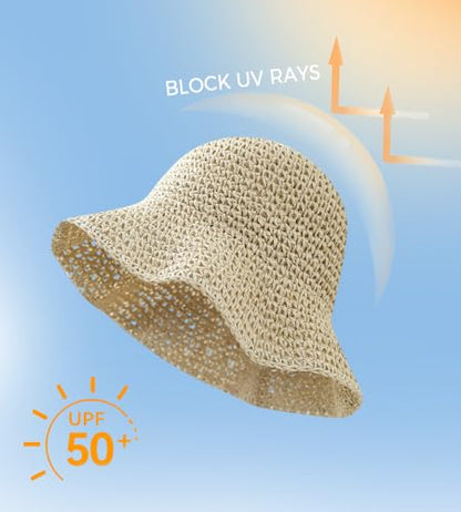 Straw Beach Hats for Women Summer Wide Brim Floppy Packable Foldable Bucket Sun Hat Travel Vacation UV Protection - color: Beige