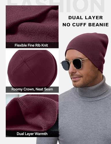 ROYBENS 100% Cotton No Cuff Beanie Hat Men Women, Fisherman Skull Cap - color: Burgundy