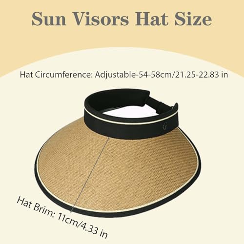 Sun Visors for Women Roll-Up Packable Sun Hat Adjustable Visor Straw Hat Summer Beach Hats for Various Hairstyles - color: Brown