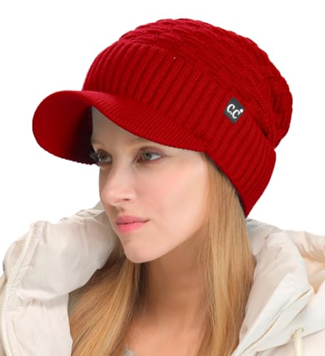 C.C Fuzzy Fleece Lined Warm Oversized Chunky Soft Stretchy Oversized Two Way Ribbed Slouchy Knit Hat with Visor Brim - color: Dark Red