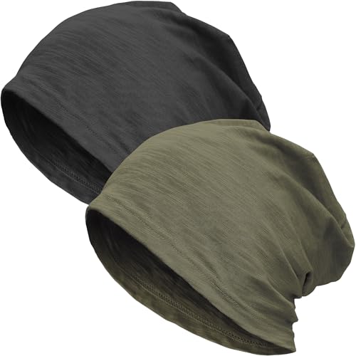 100% Cotton Thin Summer Slouchy Beanie Hat for Women Men Chemo Cap - color: 2pcs Black+ Army Green, size: Large
