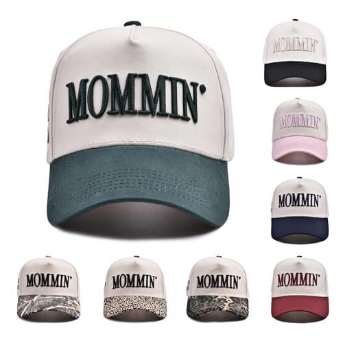 Women’s Mommin Trucker Hat – Vintage Two-Tone Ponytail Baseball Cap, Embroidered Adjustable Hat, Great Gift for Mom & Women - color: Dark Green