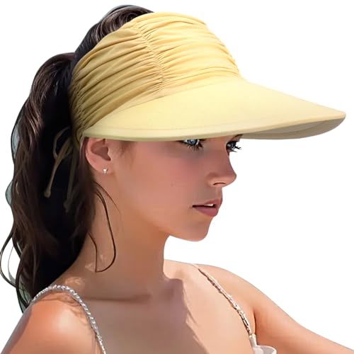 Women Visor Sun Hat Adjustable Foldable Wide Brim Sun Hats Summer UPF 50+ UV Protection Visor Cap for Outdoor Beach - color: Yellow a