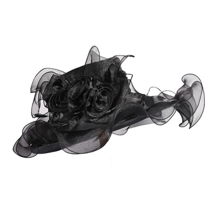 Women Oganza Sun Hat Church Wide Brim Wedding Formal Fascinator Hat - color: Black