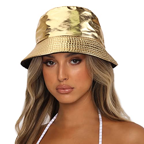 Reversible PU Leather Bucket Hats for Women Solid Color Double Wear Summer Hat Unisex - color: Gold