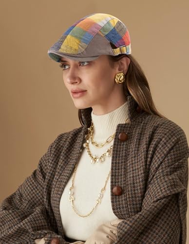 DIYDECAL Plaid Newsboy Hats Retro Flat Cap Gatsby Cabbie Driving Hat for Mens Womens - color: Yellow Colorful