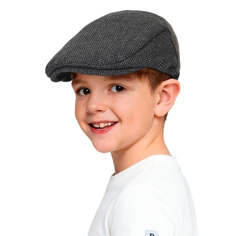 Kids Boys Wool Newsboy Cap - Vintage Tweed Flat Baker Hat Ivy Cap (4Y-8Y) - color: Dark Grey