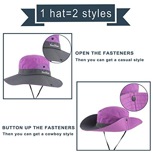Muryobao Women's Ponytail Sun Hat UV Protection Foldable Mesh Wide Brim Beach Fishing Hat - color: Purple