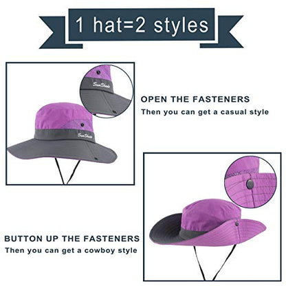 Muryobao Women's Ponytail Sun Hat UV Protection Foldable Mesh Wide Brim Beach Fishing Hat - color: Purple
