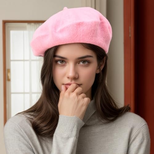 French Beret Hats for Women - Classic Wool Beret Hats Soft Knit Winter Cloche for Daily Outfits - color: Pink